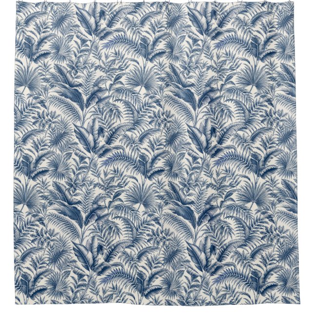 Blue Tropical Foliage Botanical Shower Curtain (Front)