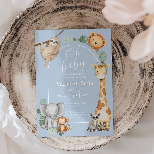 Blue Tropical Jungle Safari Animals Baby Shower Invitation (Creator Uploaded)