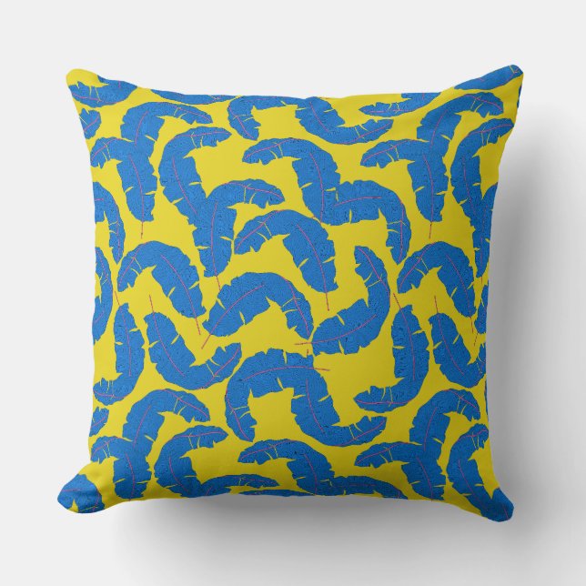 Blue Tropical Leaf Cushion Bright Yellow Back (Front)