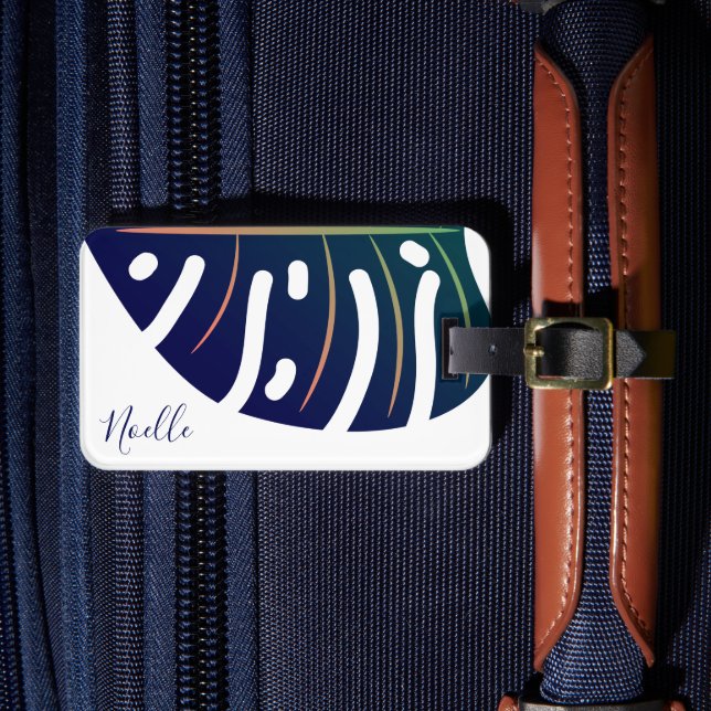 Blue Tropical Leaf, White Luggage Tag (Front Insitu 4)