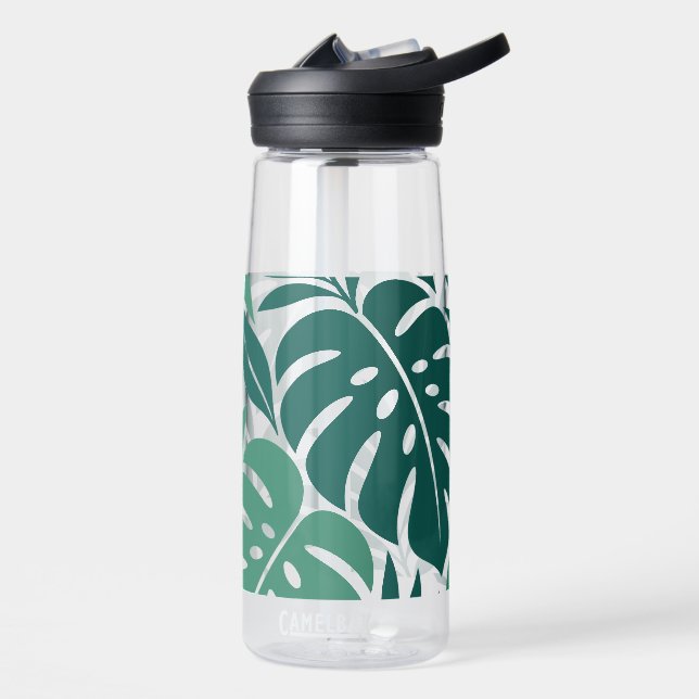 Blue Tropical Leaf Wrap Pattern Water Bottle (Left)