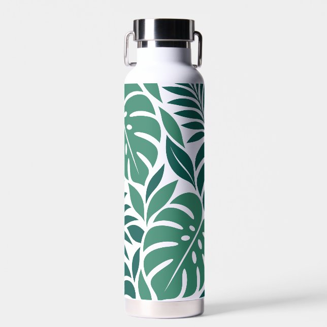 Blue Tropical Leaf Wrap Pattern Water Bottle (Front)