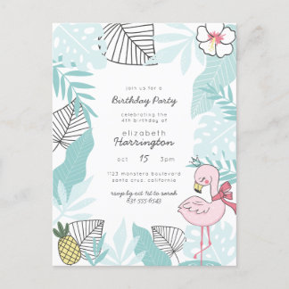 Blue Tropical Leaves | Flamingo Birthday Party Invitation Postcard