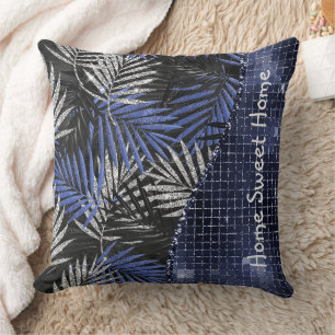 Blue Tropical Leaves Glam Glitter Personalised  Cushion