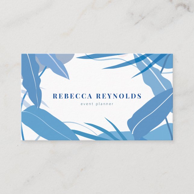 Blue Tropical Leaves Modern Business Card (Front)