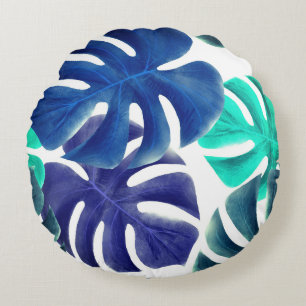 Blue Tropical Leaves Summer Vibes Round Cushion