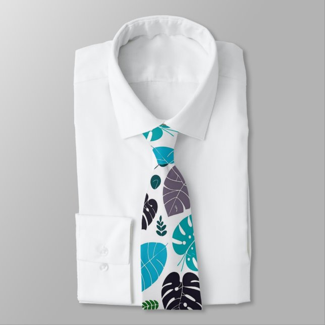 Blue Tropical Leaves Tie (Tied)