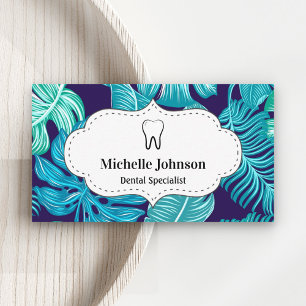 Blue Tropical Leaves Tooth Dental Clinic Dentist Business Card
