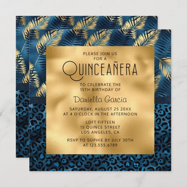 Blue Tropical Leopard Print Shimmer Quinceañera Invitation (Front/Back)