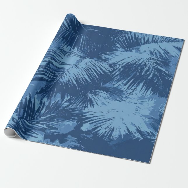 Blue Tropical Palm Leaf Wrapping Paper (Unrolled)