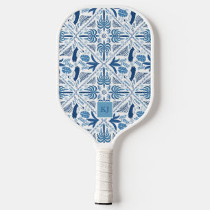 Blue Tropical Palm Tile Coastal Monogrammed Pickleball Paddle