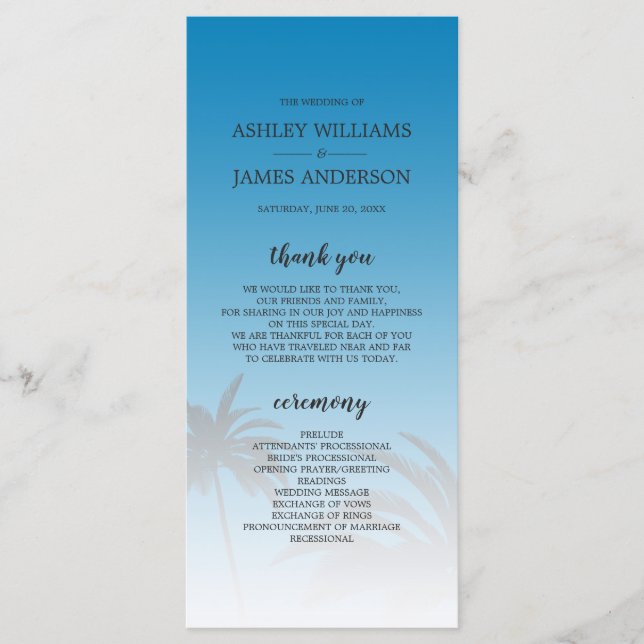 Blue Tropical Palm Tree Beach Wedding Programme (Front)