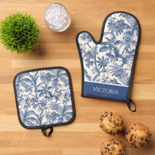 Blue Tropical Palm Tree Toile Personalised Oven Mitt & Pot Holder Set