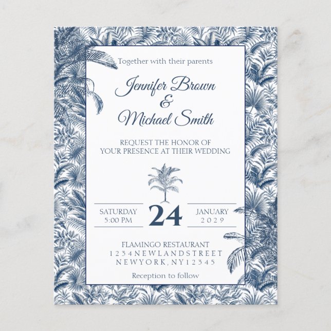 Blue Tropical Palm Trees Wedding budget Flyer (Front)