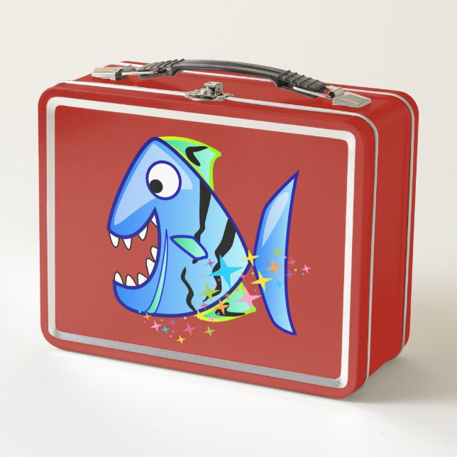 Blue Tropical Piranha with stars Metal Lunch Box (Front)