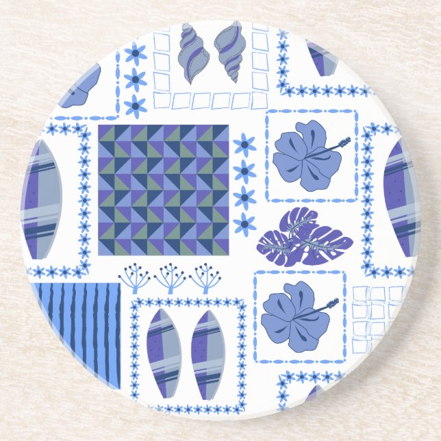 Blue Tropical Surfboard Hibiscus Pattern Coaster (Front)
