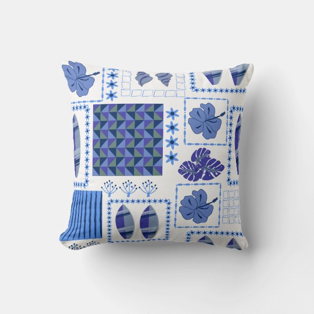 Blue Tropical Surfboard Hibiscus Pattern Cushion (Front)