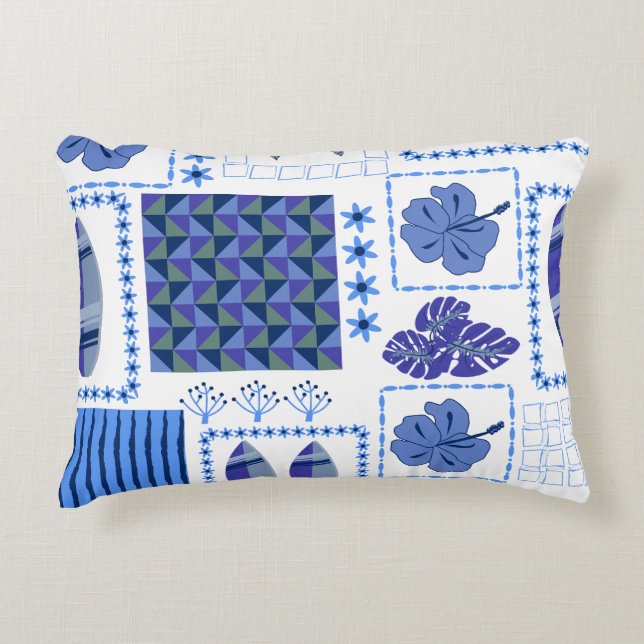 Blue Tropical Surfboard Hibiscus Pattern Decorative Cushion (Front)