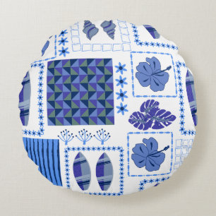 Blue Tropical Surfboard Hibiscus Pattern Round Cushion