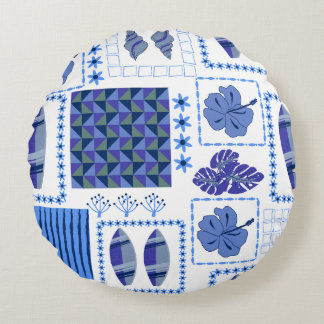 Blue Tropical Surfboard Hibiscus Pattern Round Cushion