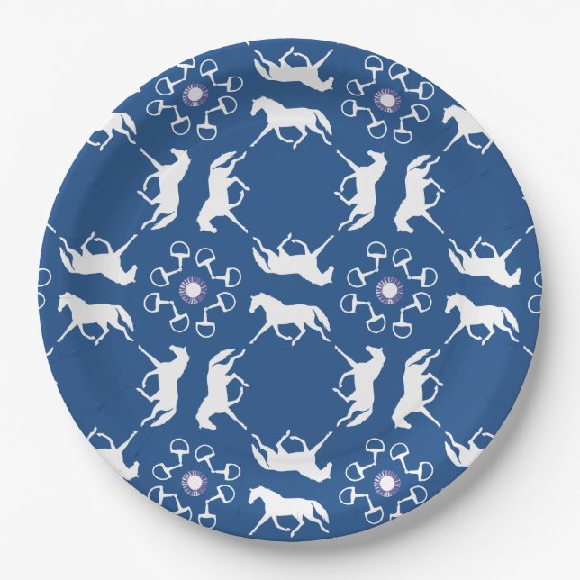 Blue Trotting Horses and Bits Pattern Paper Plate (Front)