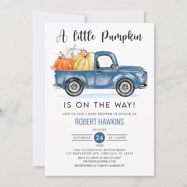 Blue Truck A Little Pumpkin Boy Fall Baby Shower Invitation (Front)