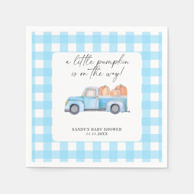 Blue Truck A Little Pumpkin Fall Baby Shower Napkin (Front)