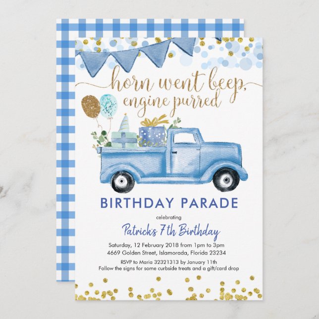 Blue Truck Boy Drive by Birthday Parade Invitation (Front/Back)