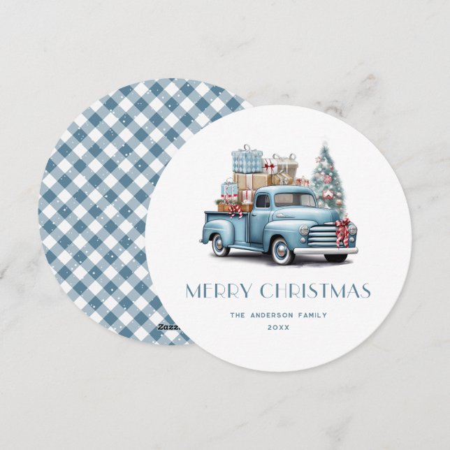 Blue Truck Gifts Snow Plaid Merry Christmas Card (Front/Back)