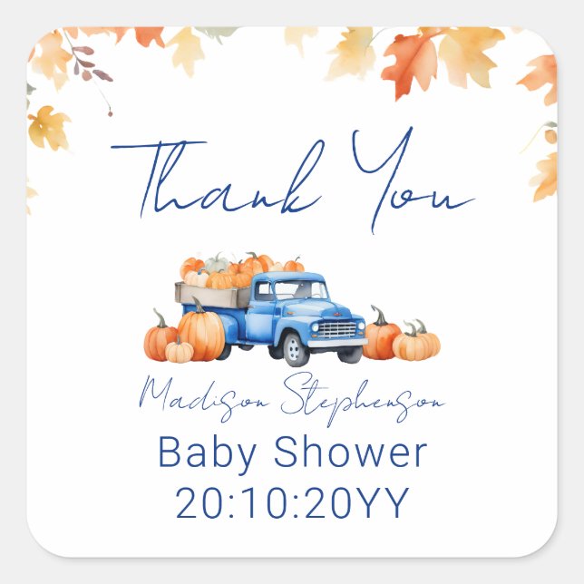 Blue Truck & Little Pumpkin on The Way Baby Shower Square Sticker (Front)