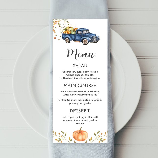 Blue truck menu, editable pumpkin printable menu (Creator Uploaded)