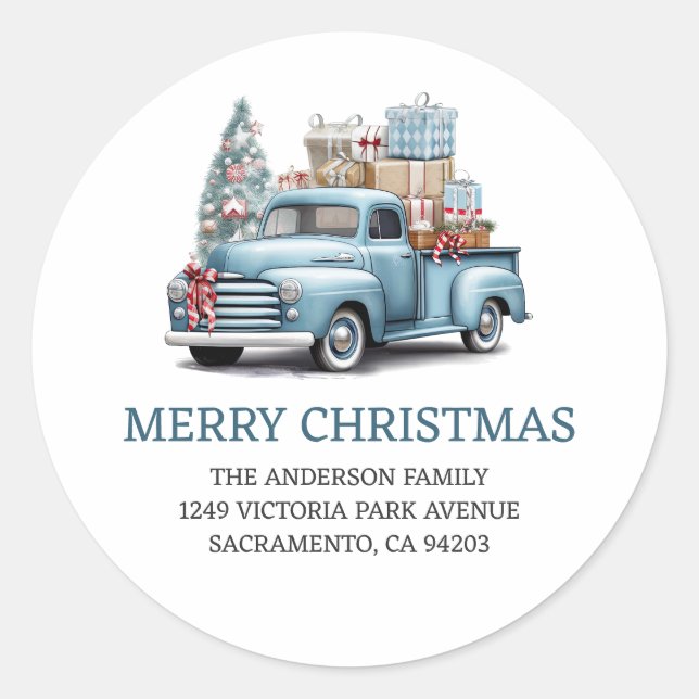 Blue Truck Merry Christmas Return Address Labels (Front)