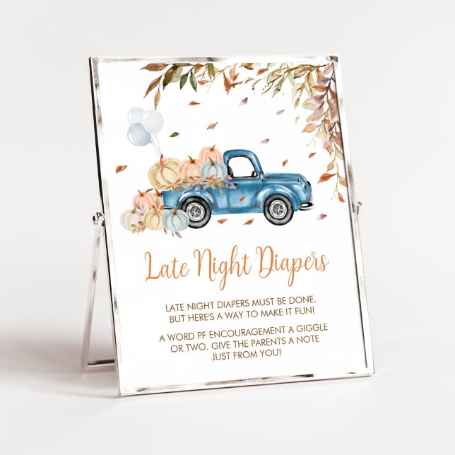 Blue Truck Pumpkin Late Night Diapers Baby Shower Poster (Boy Little Pumpkin Truck Baby Shower Late Night Diapers Sign)