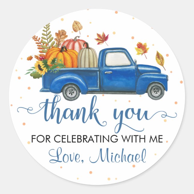 Blue Truck Pumpkin Leaves Autumn Party Thank You Classic Round Sticker (Front)