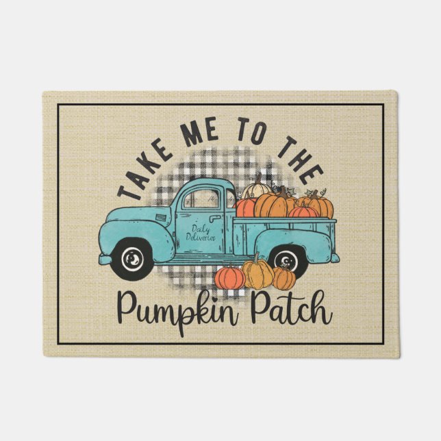 Blue Truck Pumpkin Patch Buffalo Plaid Fall Doormat (Front)