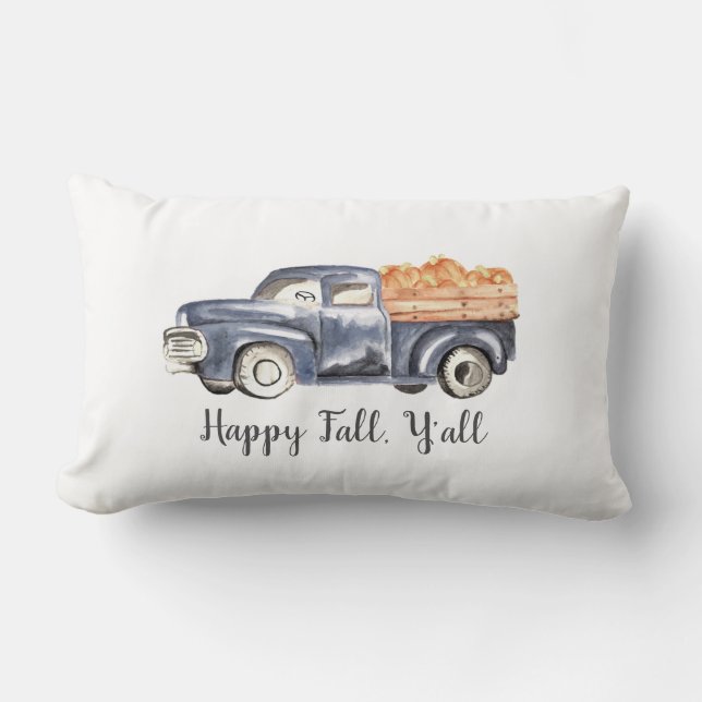 Blue Truck Pumpkin Pillow - "Happy Fall, Y'all" (Front)
