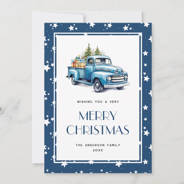 Blue Truck Snow Stars Merry Christmas Cards (Front)