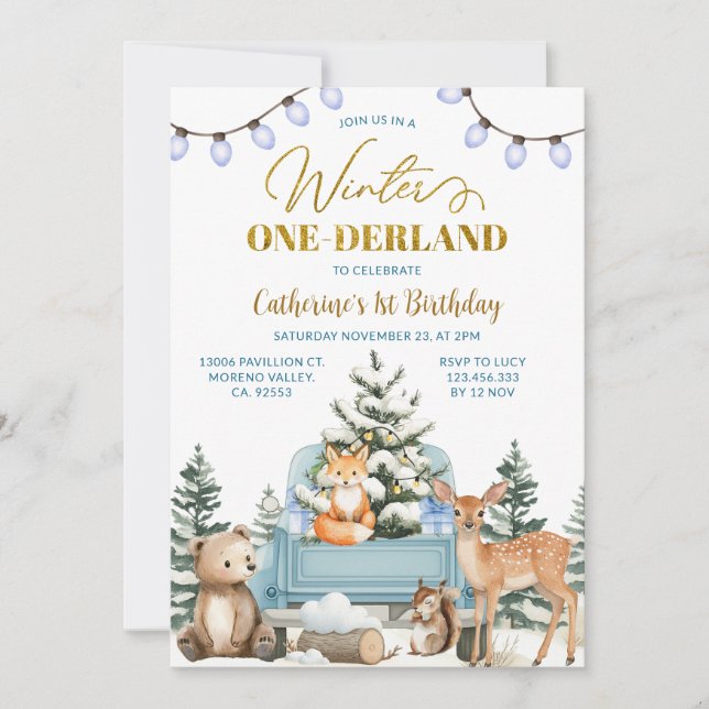 Blue Truck Winter One-derland Animals 1st Birthday Invitation (Front)