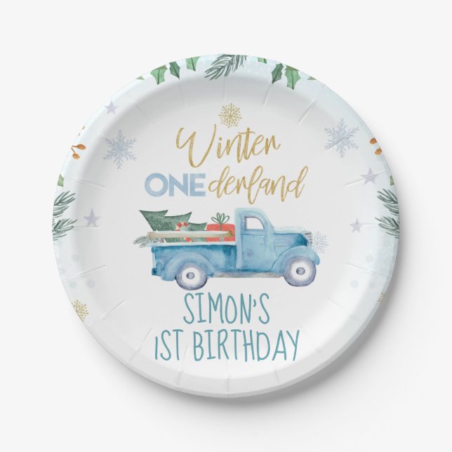 Blue Truck Winter Onederland Birthday Paper Plate (Front)