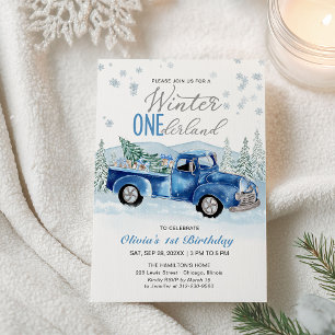 Blue Truck Winter Onederland Boy First Birthday Invitation