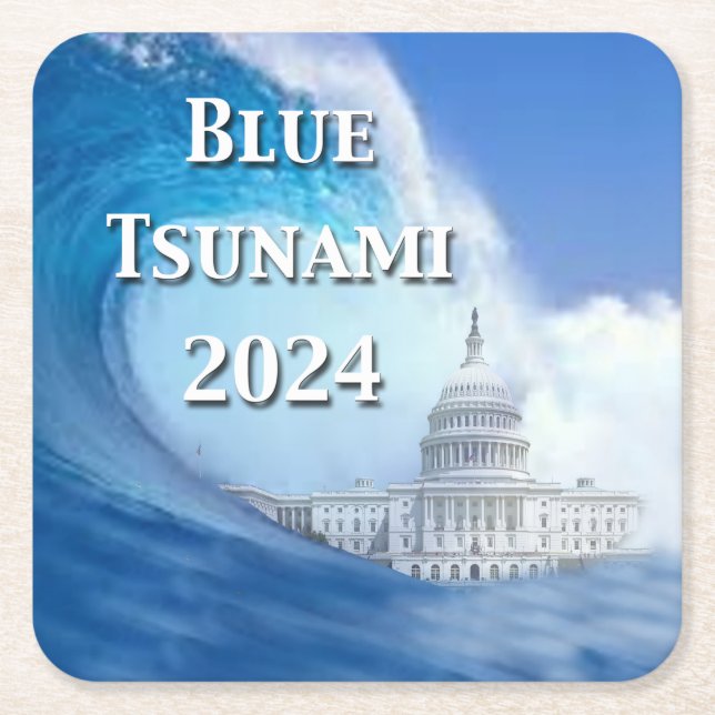 Blue Tsunami Election 2024 Square Paper Coaster (Front)