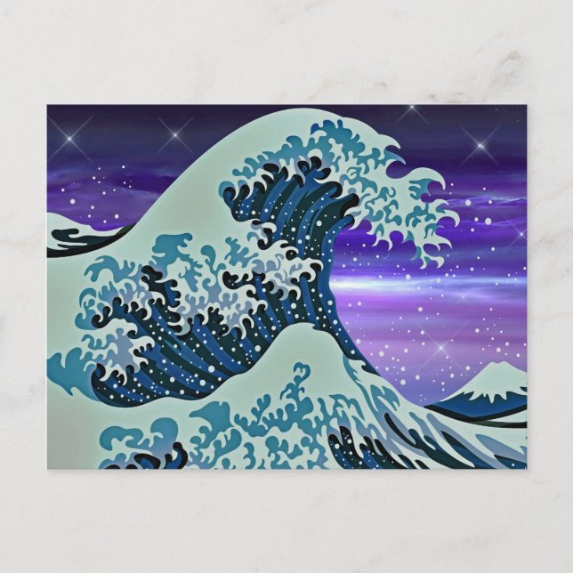 Blue Tsunami Wave Japanese Drawing Postcard (Front)