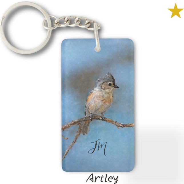 Blue Tufted Titmouse Bird Painting Custom Initial  Key Ring (Creator Uploaded)