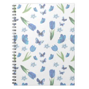 Blue Tulip and Butterfly Seamless Pattern Notebook