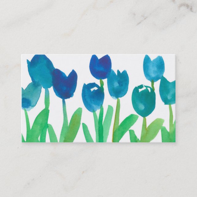 Blue Tulip Garden Painted Watercolor Flowers Business Card (Front)