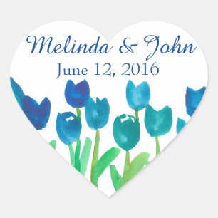 Blue Tulip Garden Watercolor Flowers Wedding Heart Sticker