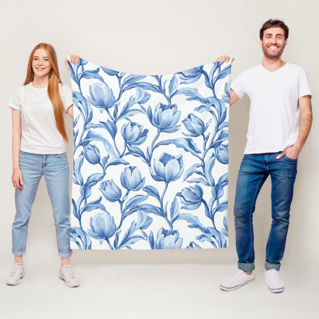 Blue Tulip vintage floral pattern Fleece Blanket (In Situ)