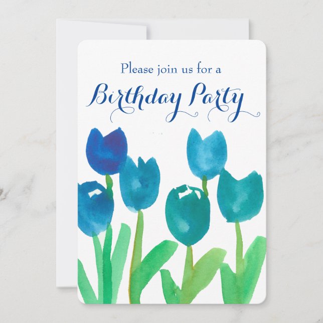 Blue Tulip Watercolor Flowers 90th Birthday Party Invitation (Front)