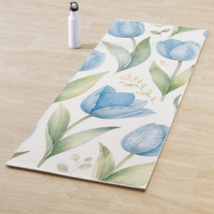 Blue Tulips Watercolor Floral Painting Botanical Yoga Mat