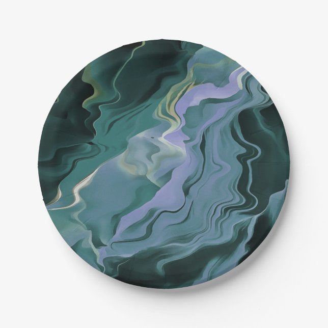Blue Turbulence Acrylic Pour Abstract Art Paper Plate (Front)